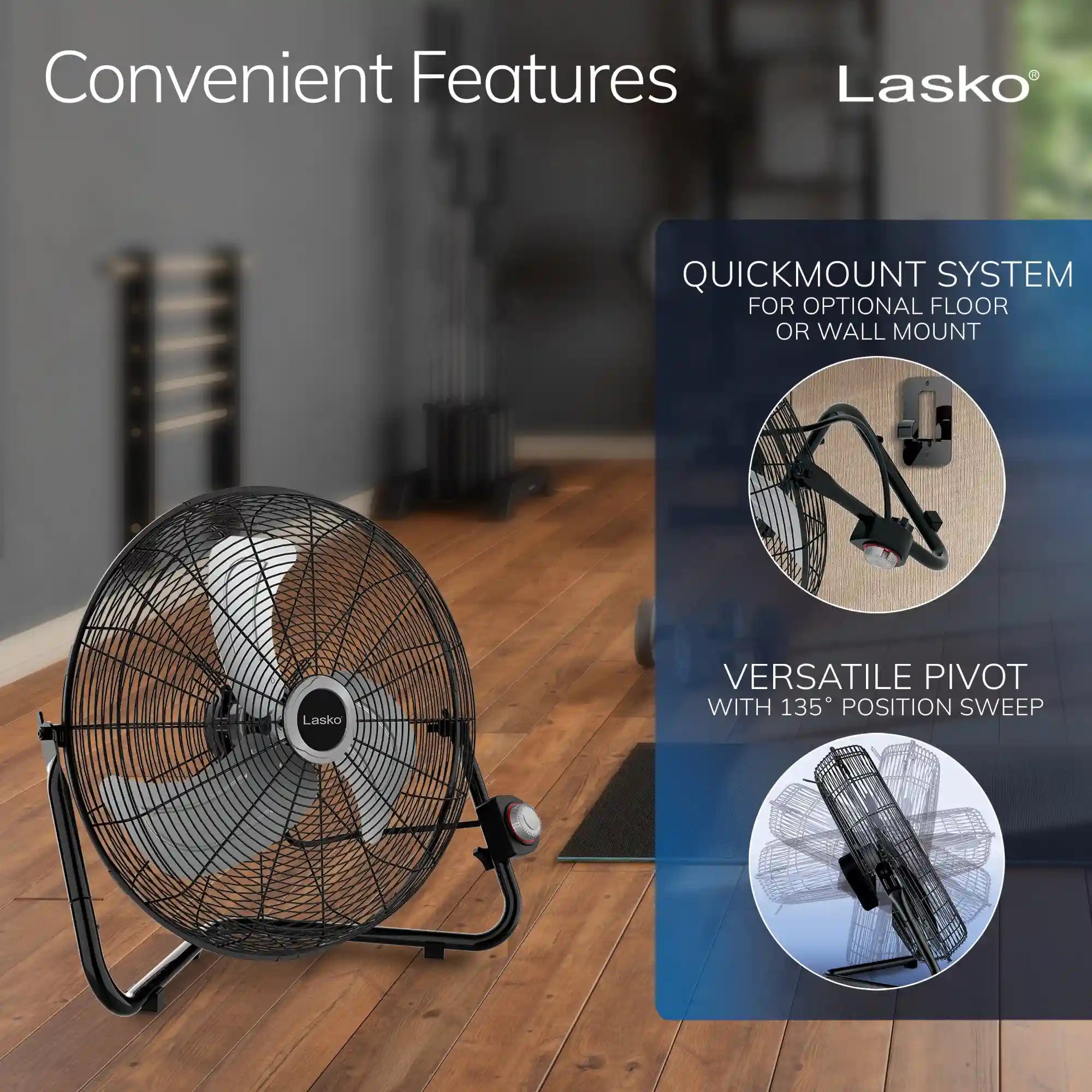 Lasko QuickMount® 20" High Velocity Floor & Wall Mount Fan (3-speed, manual, black)