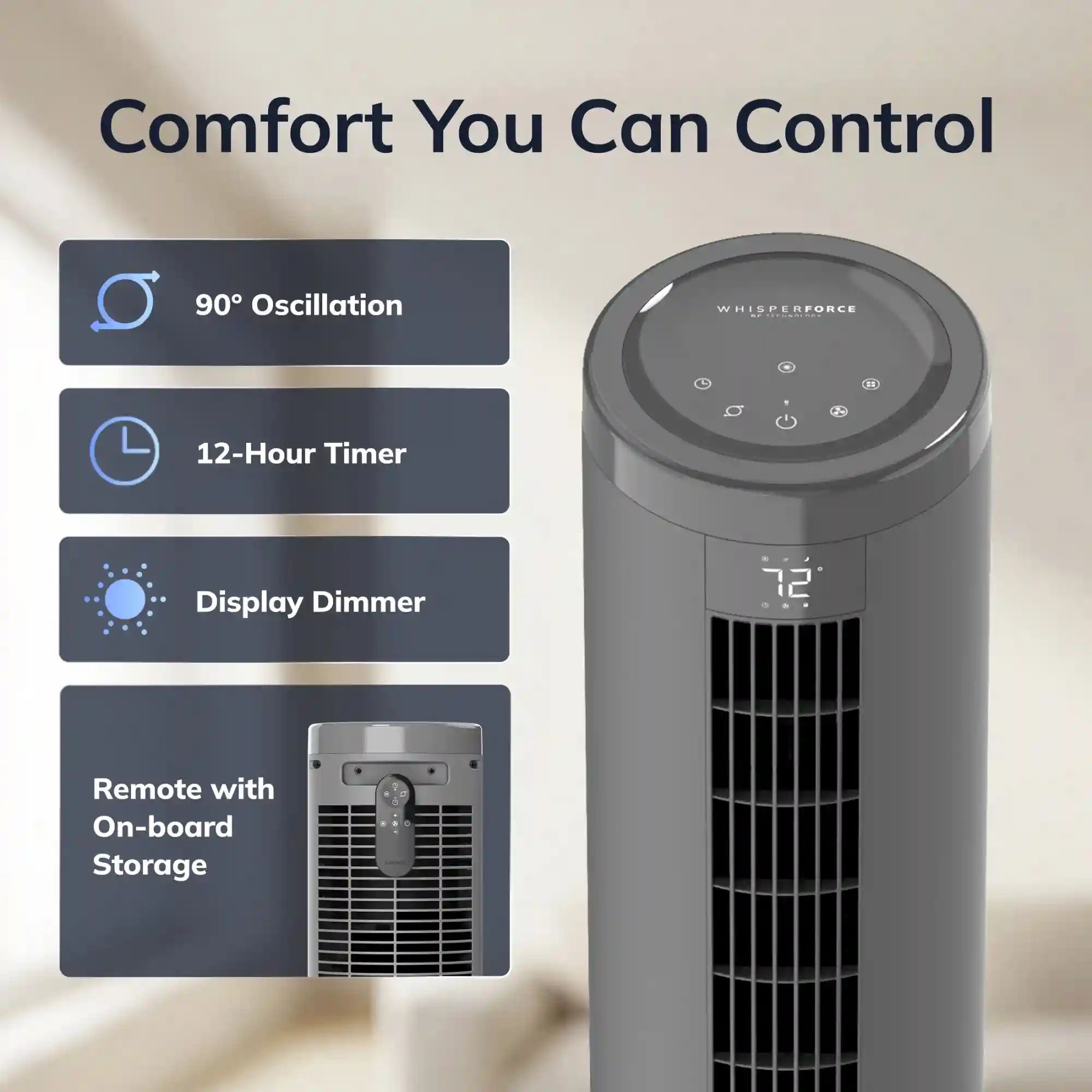 Lasko RTF100 54" Oscillating 8-Speed DC Motor Pedestal Tower Fan with Remote: Gray