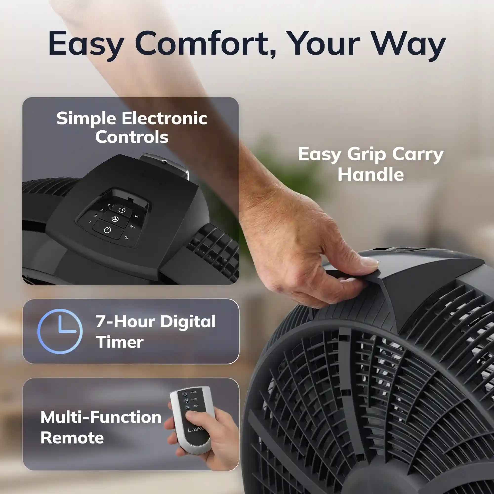 Lasko Cyclone® 20" Air Circulator Floor Fan (4-speed, remote, timer, 90° airflow, black)