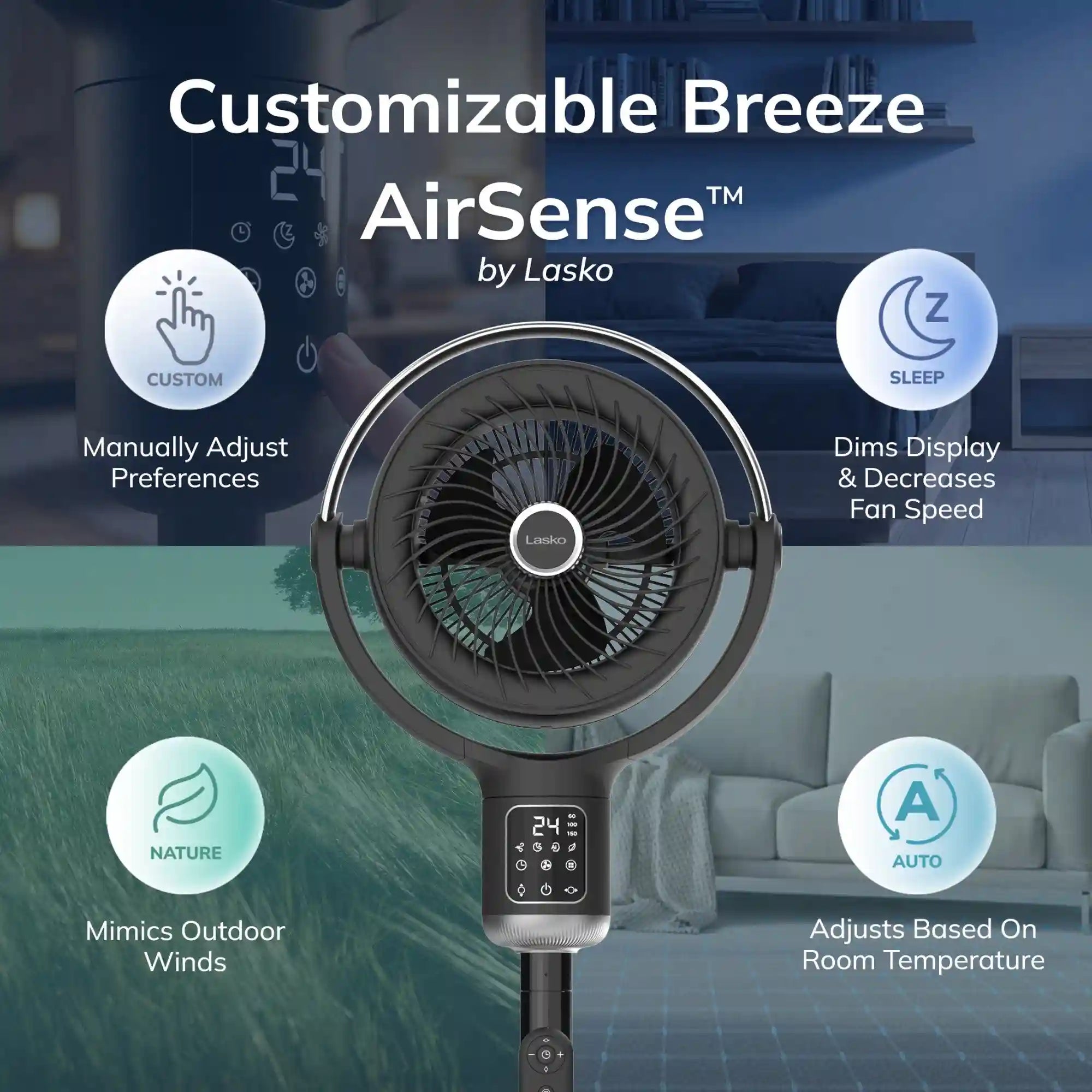 Lasko Whirlwind™ Orbital Pedestal Fan (24-speed, remote, 150° oscillation, black)