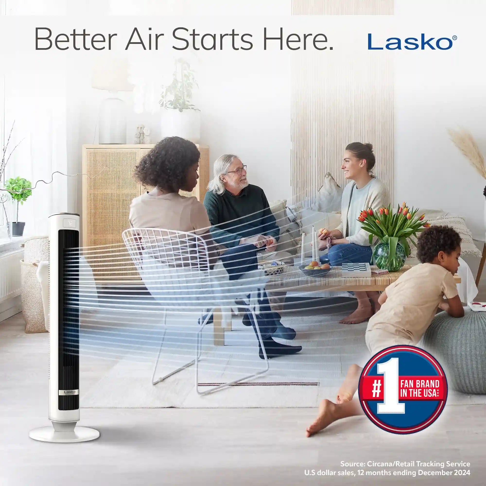 Lasko WhisperForce™ DC 40" Tower Fan (12-speed, remote, timer, air filtration, white/black)