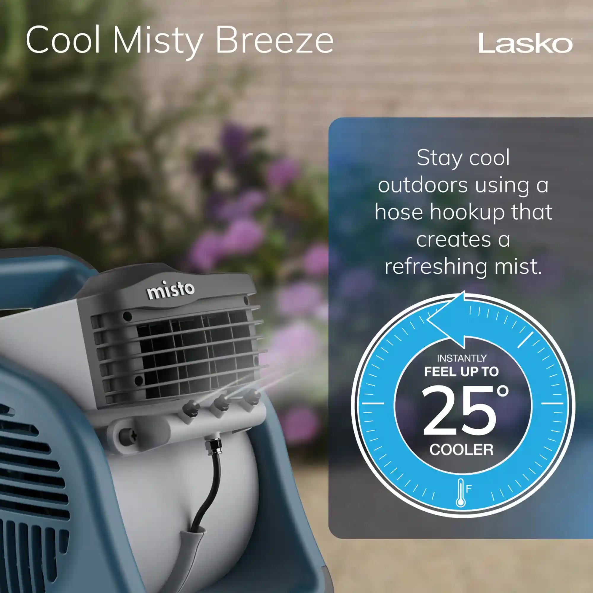 Lasko Misto® Outdoor Misting Fan (3-speed, pivoting, 9' hose, GFCI, blue)