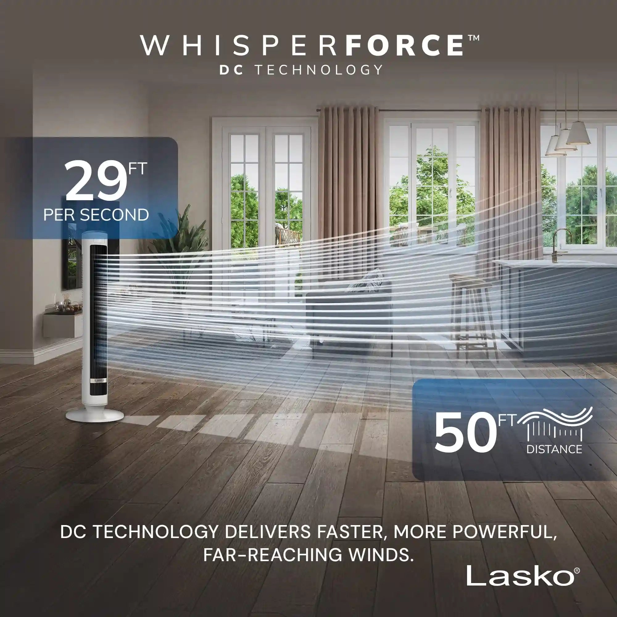Lasko WhisperForce™ DC 40" Tower Fan (12-speed, remote, timer, air filtration, white/black)