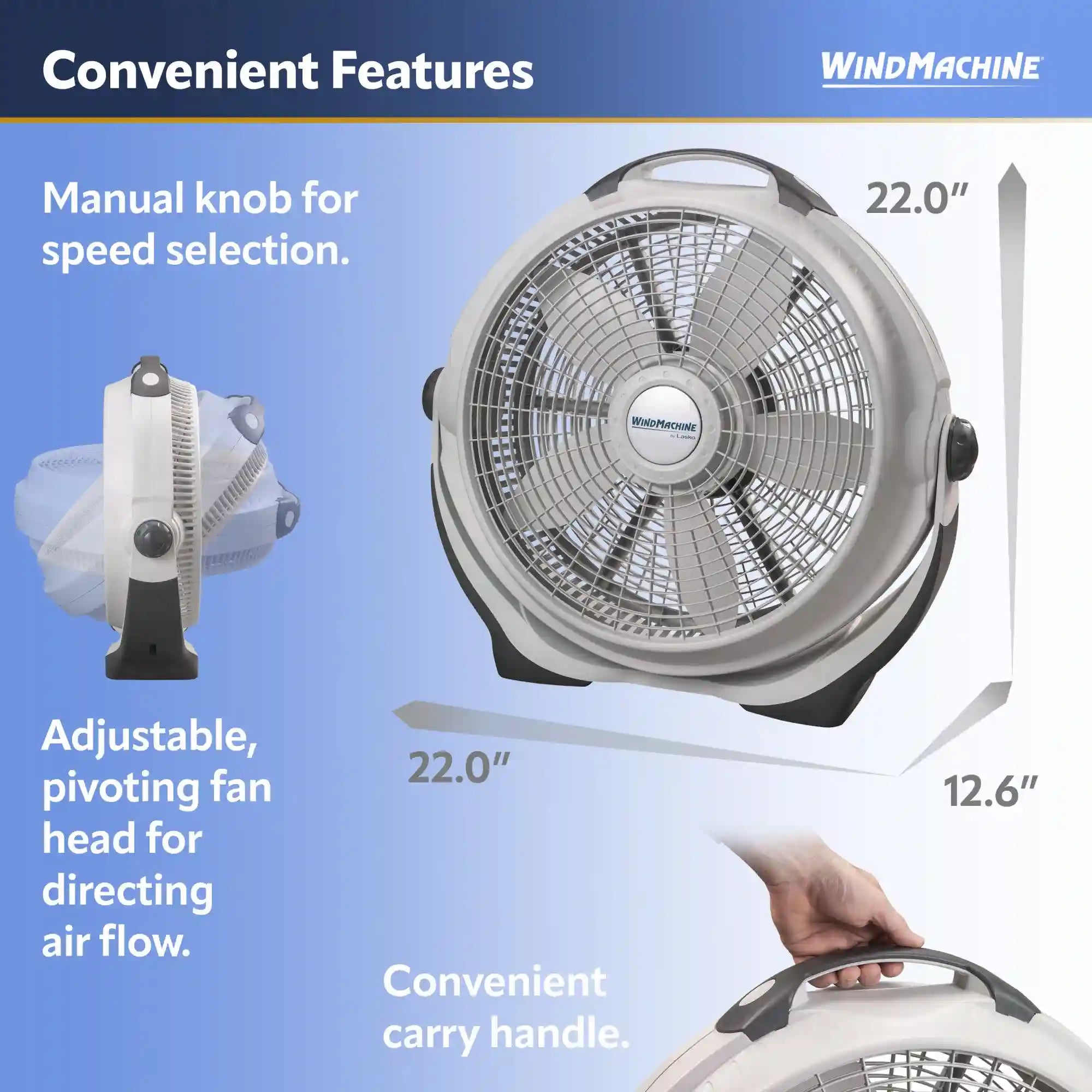 Lasko Wind Machine® 20" Air Circulator Floor Fan (3-speed, manual, 360° airflow, light gray)