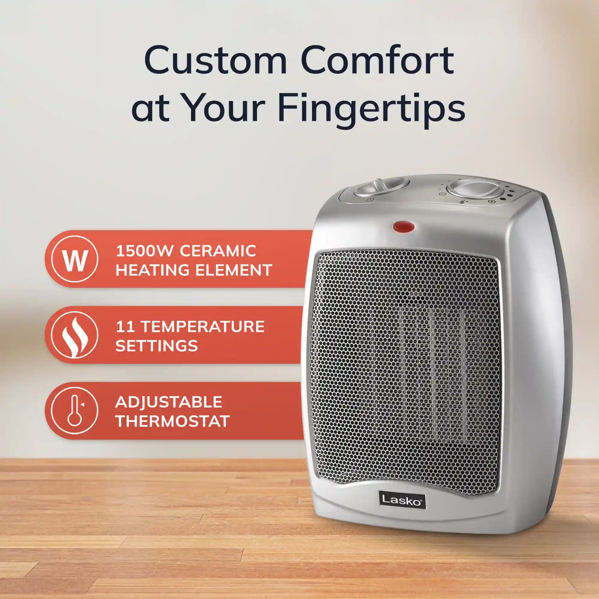 Lasko 9" Ceramic Table Top Heater (2 heat settings, manual, thermostat, silver)