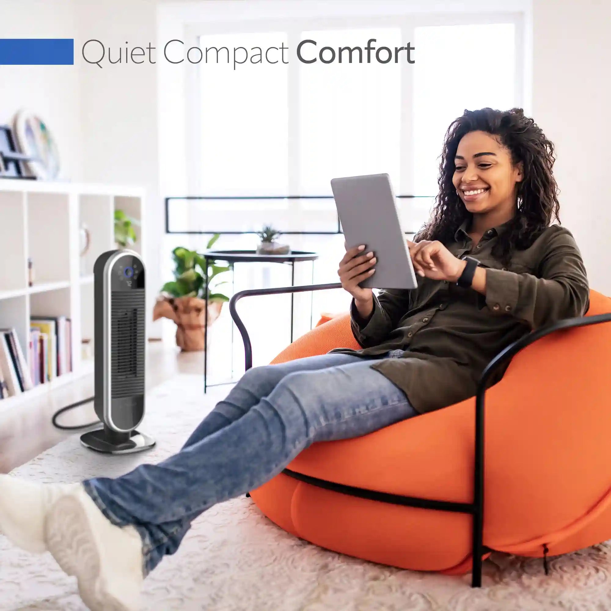 Lasko Aria™ 22" Ceramic Tower Heater (3 heat settings, remote, timer, smart, black)