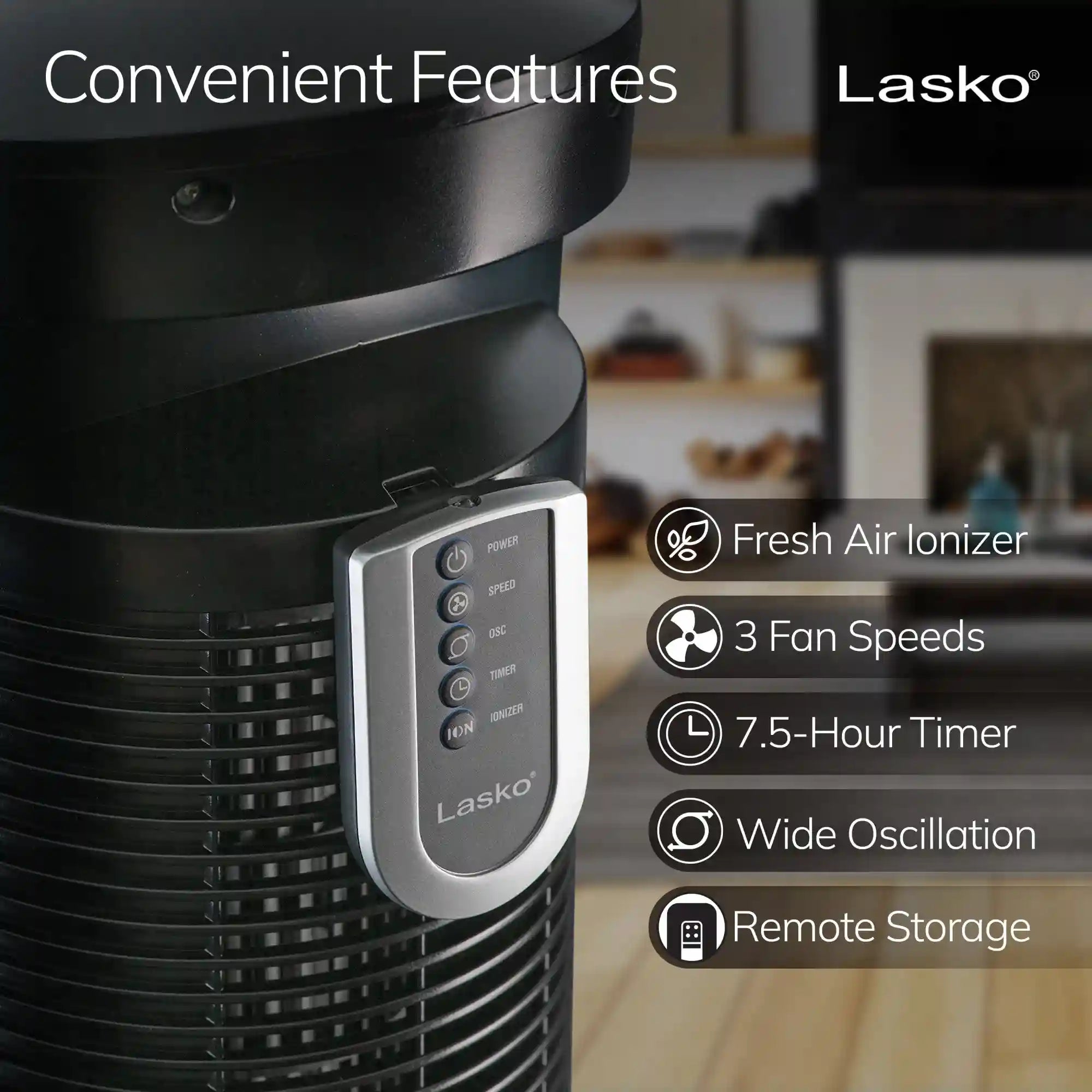 Lasko Wind Curve® 42" Tower Fan (3-speed, remote, timer, ionizer, black/woodgrain)